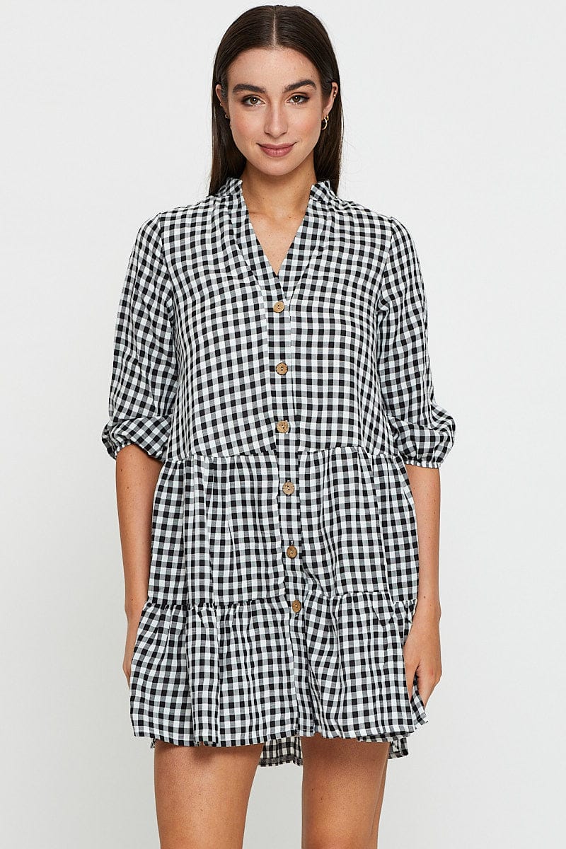 Check Button Front Dress Mini